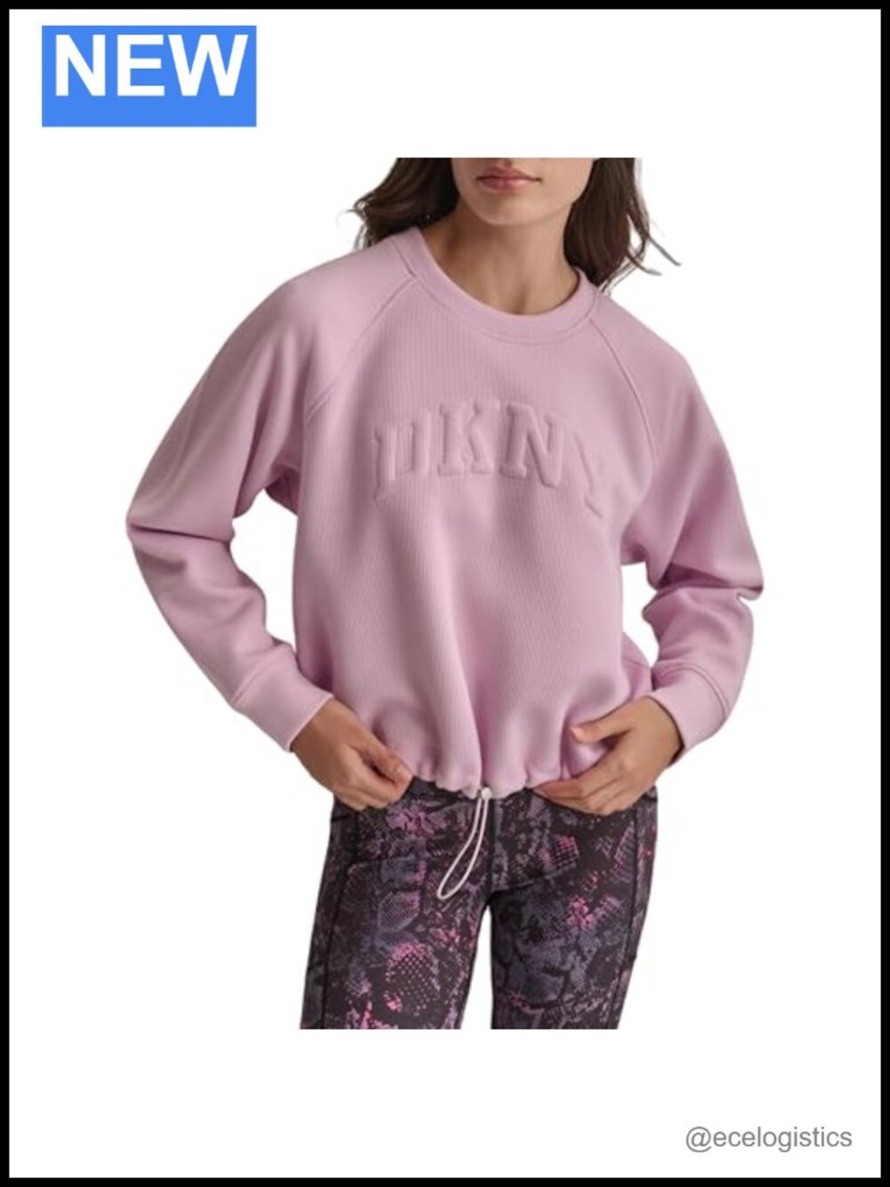 DKNY Cropped Crewneck Sweatshirt 3/4 Sleeve Drawcord Pullover